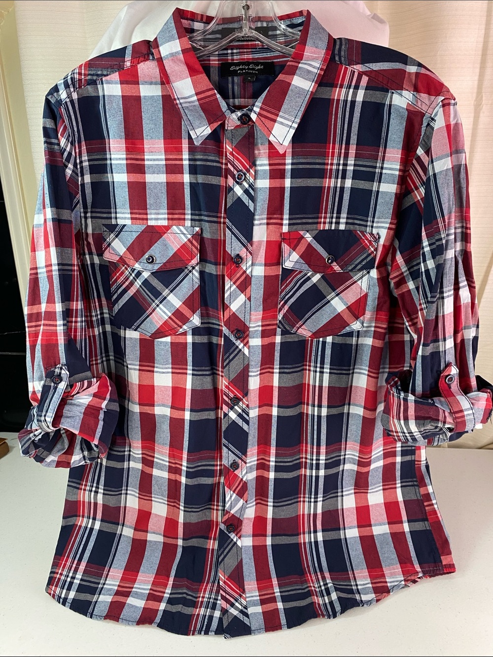 Eighty Eight Red Navy White Plaid Button-Down Shirt